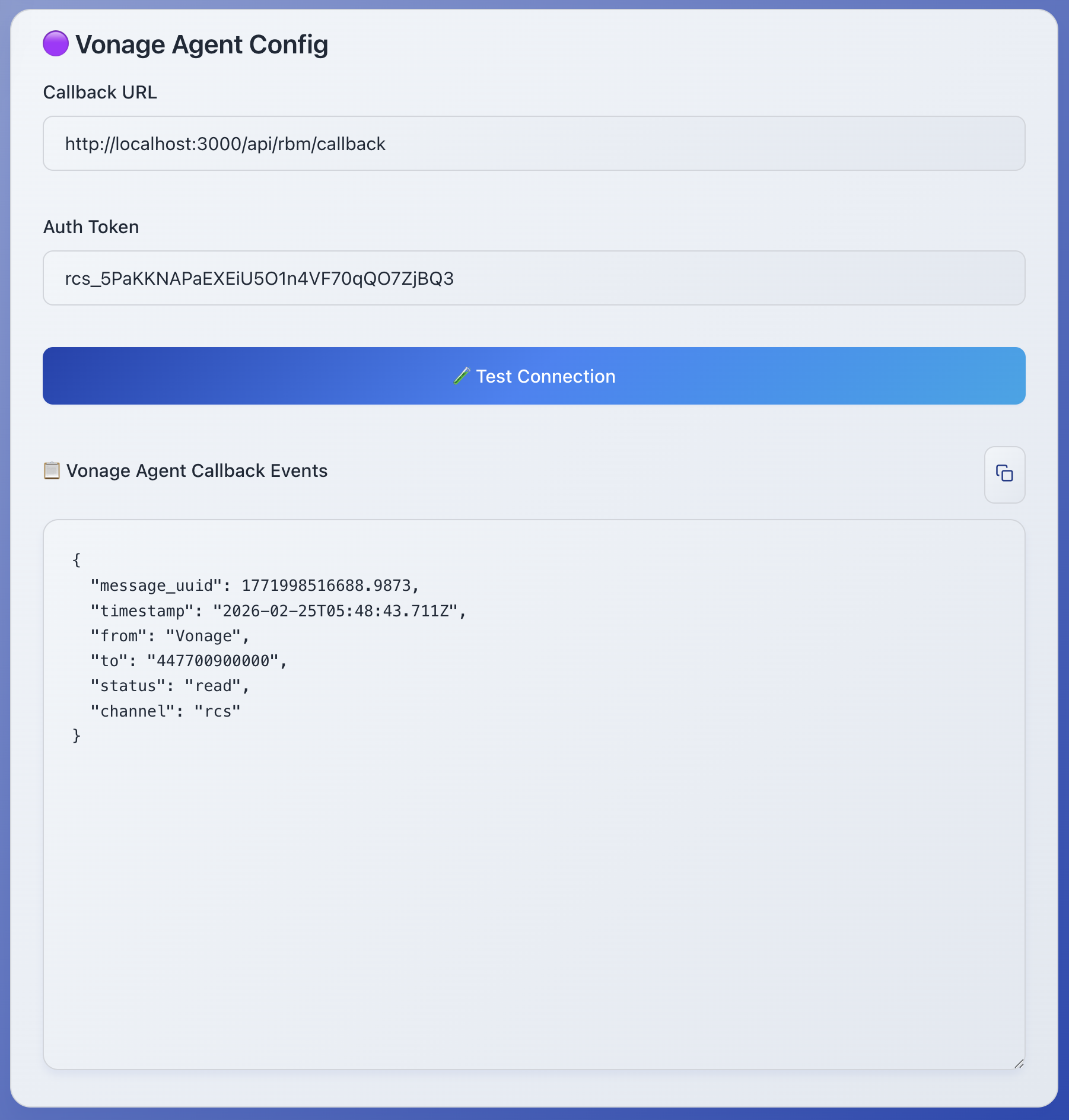 RCSX event console displaying user interaction callbacks