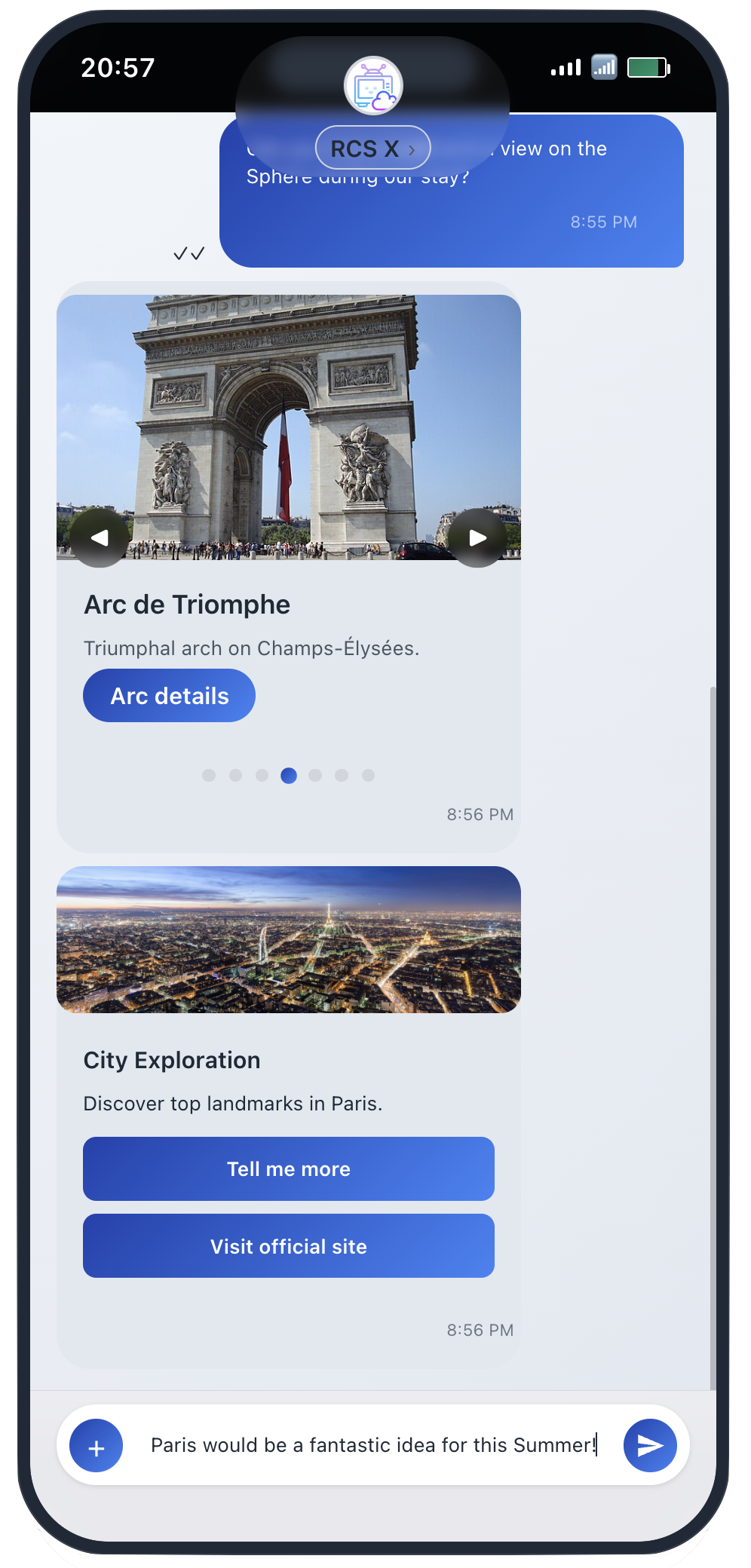 RCSX iPhone simulation showing RCS conversation rendering